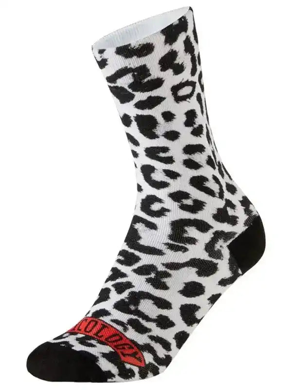 Black and white leopard print cycling sock with red logo, designed for men's and women's bike rides