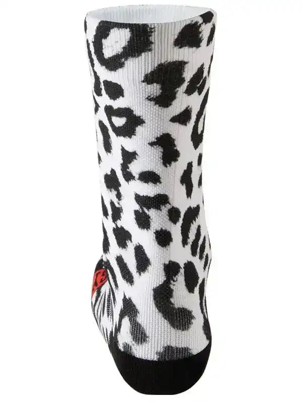 Black and white leopard print cycling sock with red logo, designed for men and women riders.