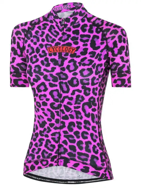 Women's pink leopard print cycling jersey with full zip and brand logo, designed for performance and style.