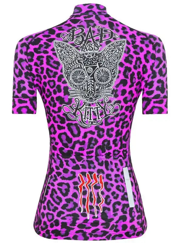 Women's pink leopard print cycling jersey with 'Bad Ass Kitty' graphic and bike design