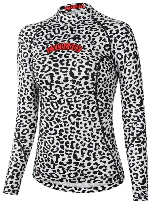 Women's leopard print cycling jersey with red logo, long sleeves, and front zipper