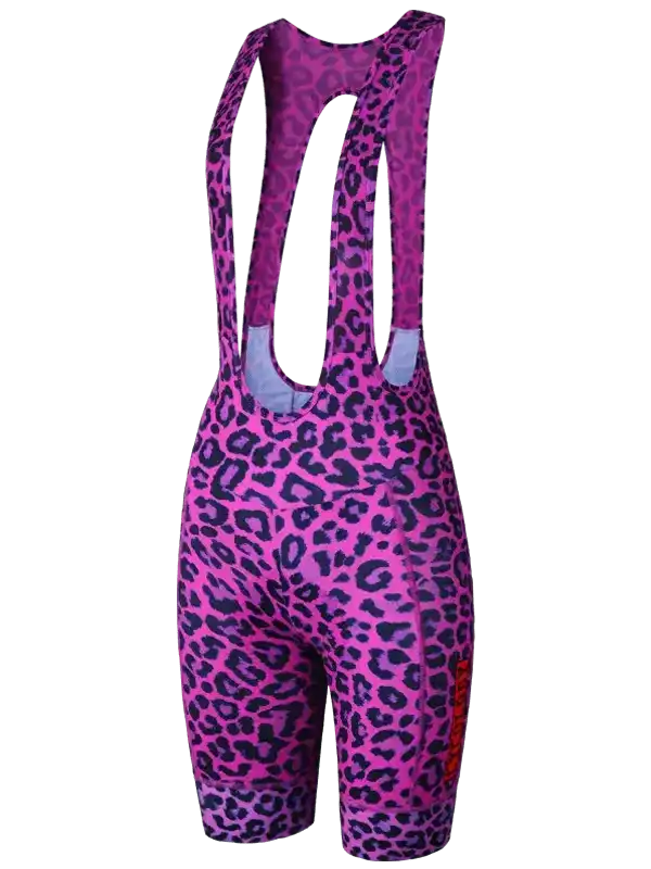 Women's pink leopard print cycling bib shorts with black spots and blue lining