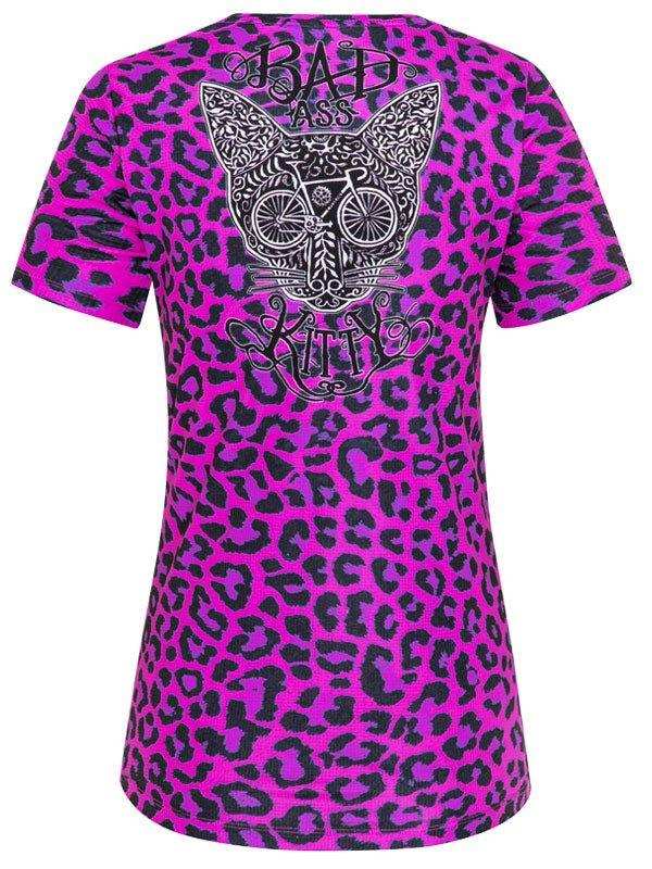 Pink leopard print women's cycling jersey with 'Bad Ass Kitty' graphic and bike wheel design