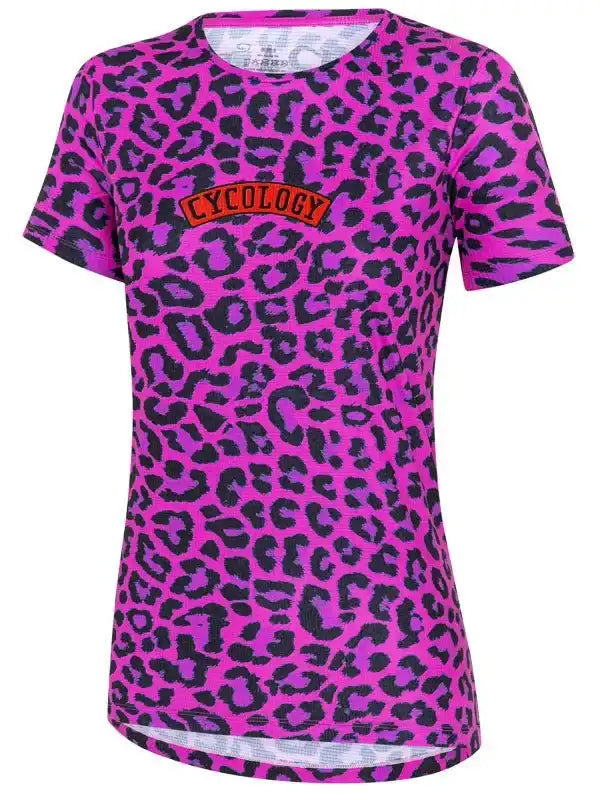Pink leopard print women's cycling jersey with Cycology logo, breathable fabric for active rides