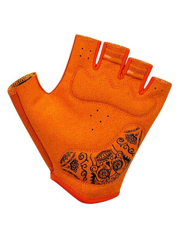 Orange fingerless cycling glove with black ornate design, breathable perforations, and padded palm for comfort.
