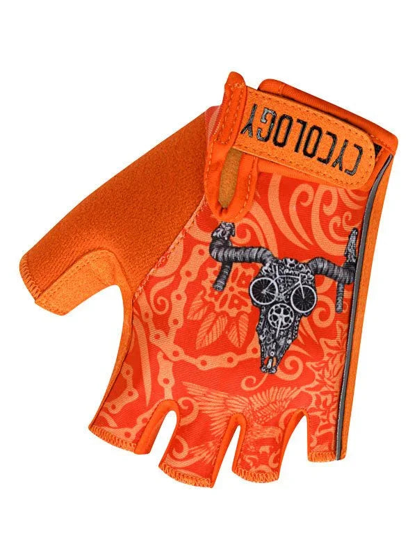 Orange fingerless cycling glove with skull and bike design, breathable fabric for men and women