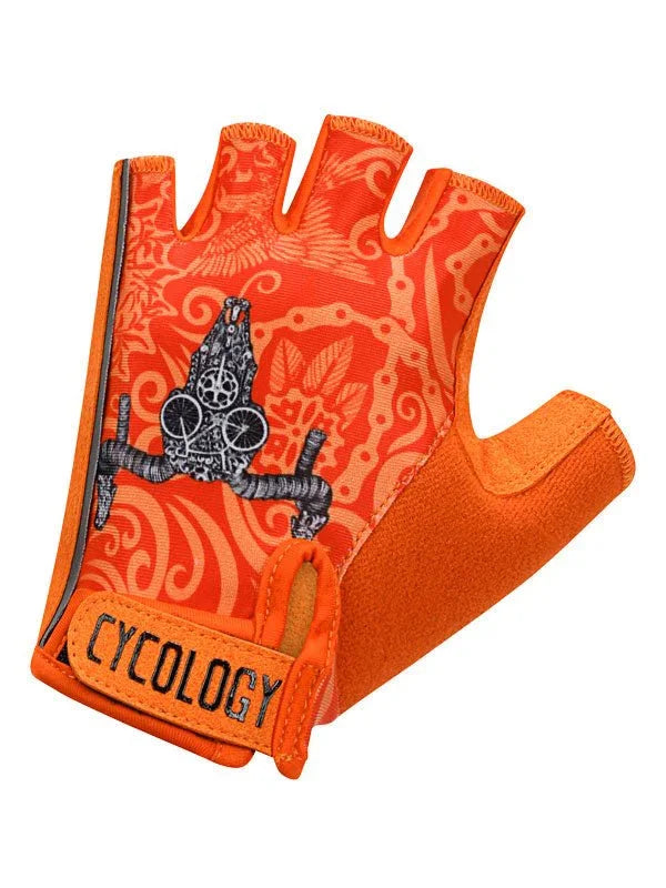 Orange fingerless cycling glove with bike graphic and Cycology logo, ideal for men's and women's rides