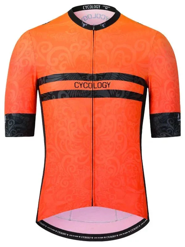 Orange and black cycling jersey with patterned design and full zipper for men or women
