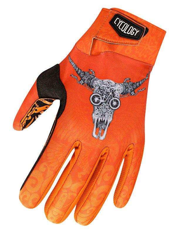 Orange cycling glove with skull and bike graphic, black palm, Cycology brand tag