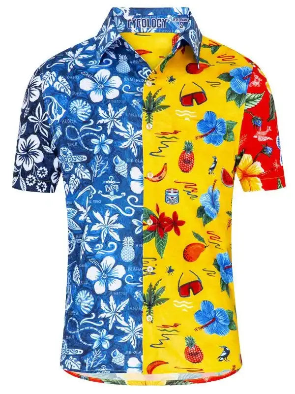 Men's tropical cycling shirt with blue, yellow, red floral and fruit print, short sleeve design