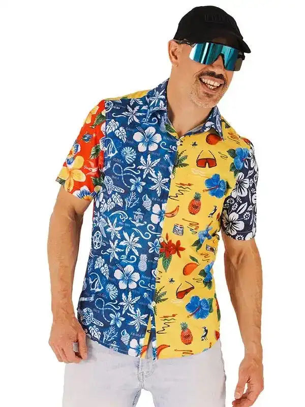 Men's colorful tropical print cycling shirt with floral and fruit patterns, ideal for summer rides
