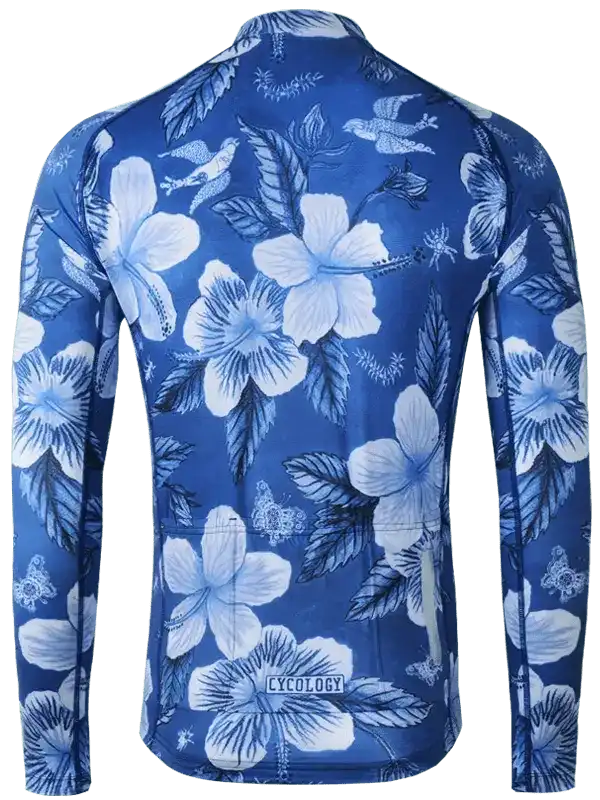 Blue long-sleeve cycling jersey with white hibiscus floral print, back view