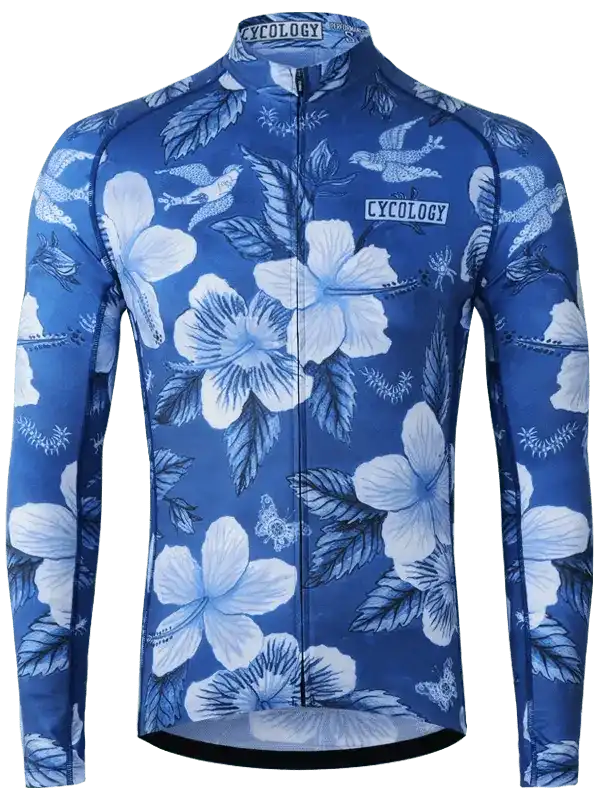 Blue long-sleeve cycling jersey with white hibiscus floral print and bird details, ideal for road biking