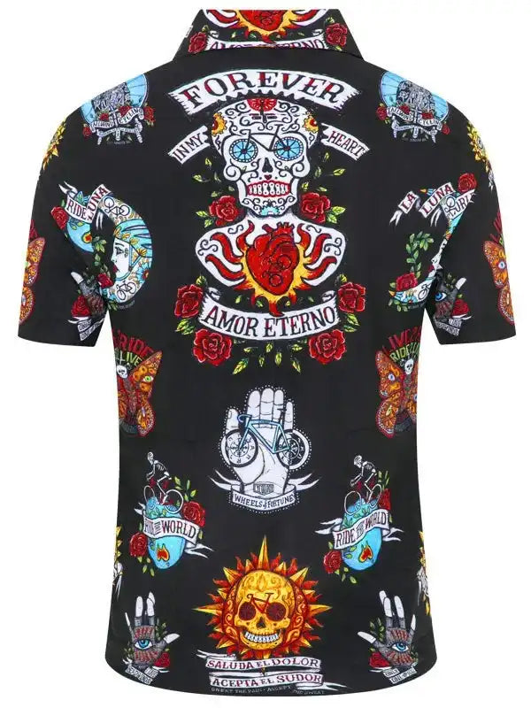 Black men's cycling shirt with sugar skull, roses, and tattoo-style graphics, featuring 'Amor Eterno' and bike motifs