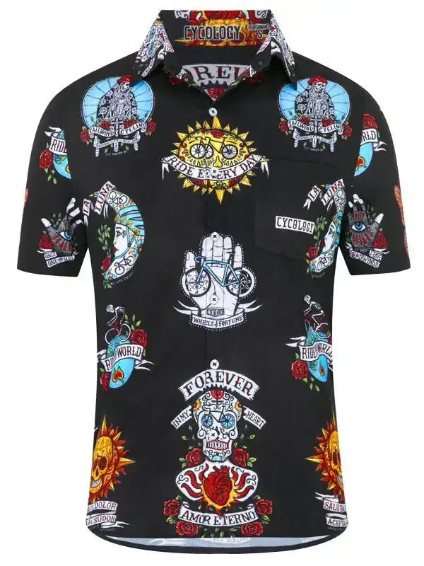 Men's black cycling shirt with tattoo-style graphics, skulls, bikes, and roses for bike lovers