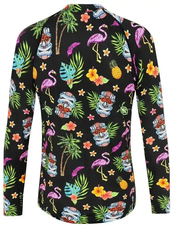 Tropical print cycling jersey with flamingos, pineapples, and tiki masks on black fabric