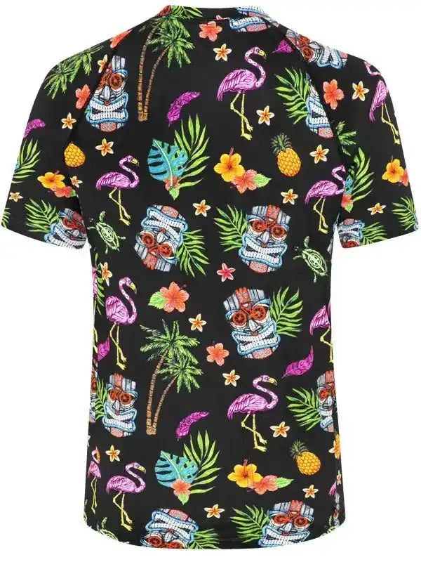Tropical print cycling jersey with flamingos, pineapples, and tiki masks on black fabric