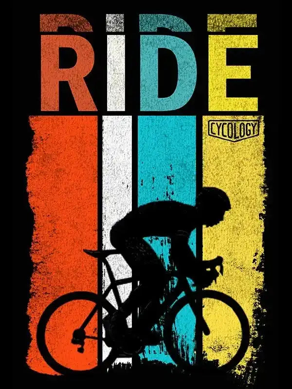 RIDE cycling graphic tee with bold colorful stripes and cyclist silhouette, perfect for bike enthusiasts