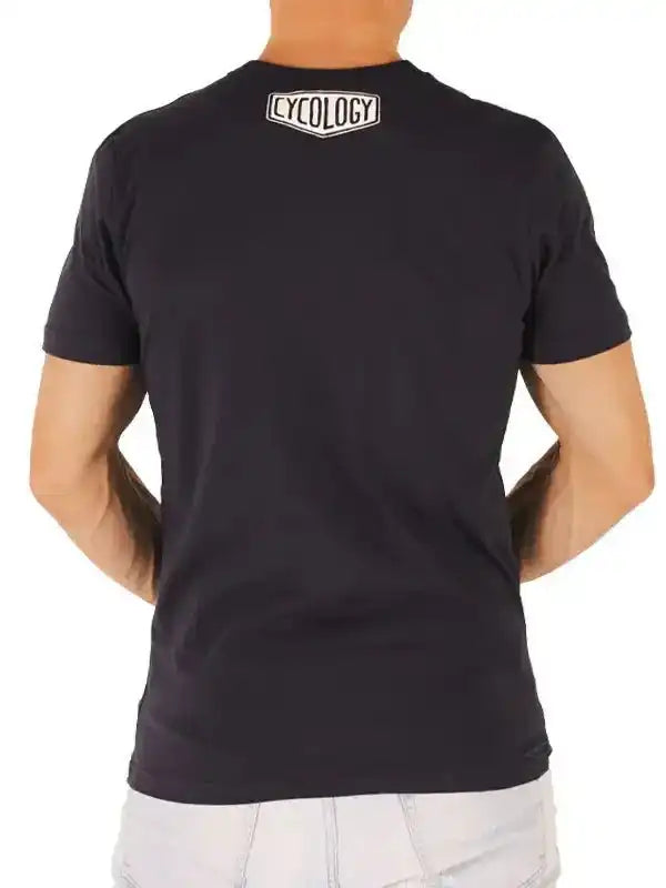 Black men's cycling t-shirt with white Cycology logo on back, casual fit for bike rides