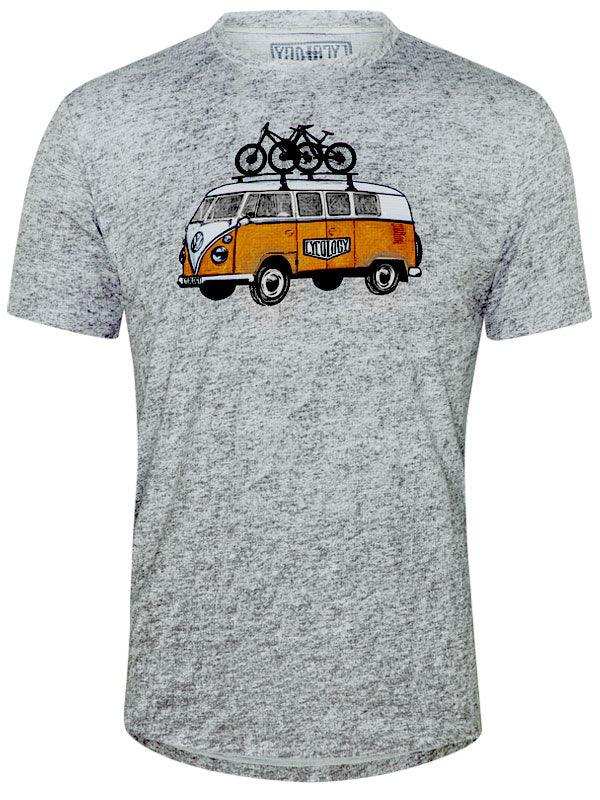 Gray cycling t-shirt with vintage van and bikes graphic, ideal for bike lovers and outdoor adventures.