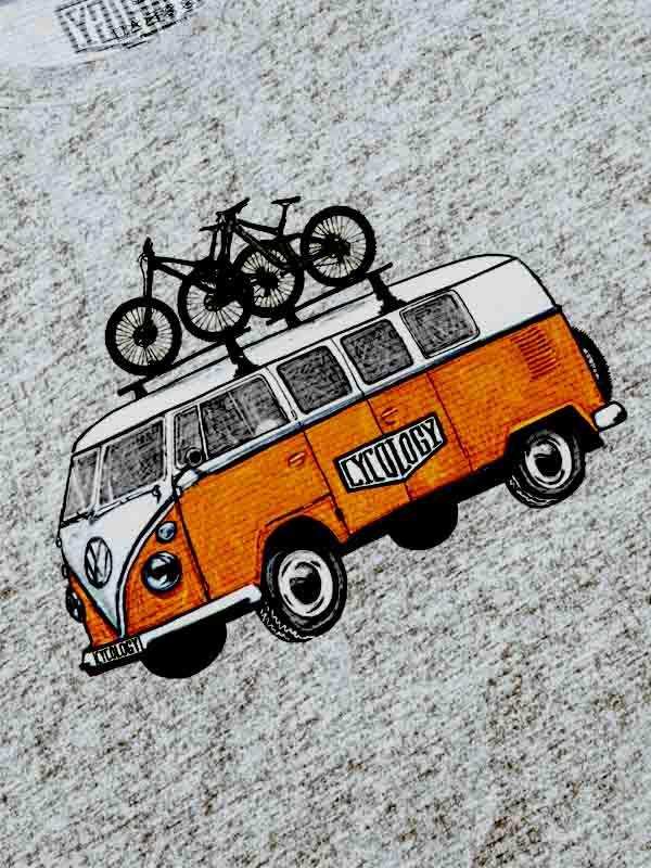 Vintage van with mountain bikes on roof rack, cycling apparel graphic design