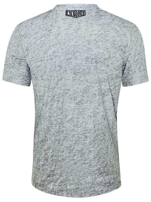 Gray heather cycling t-shirt with small logo at neckline, ideal for men's and women's bike rides