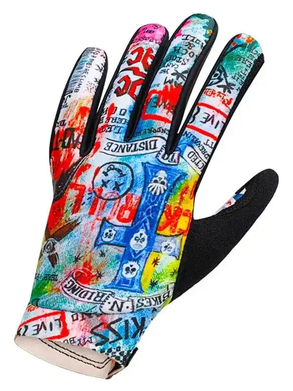 Colorful graffiti-style cycling glove with bold graphics and grip palms for men's and women's bike rides
