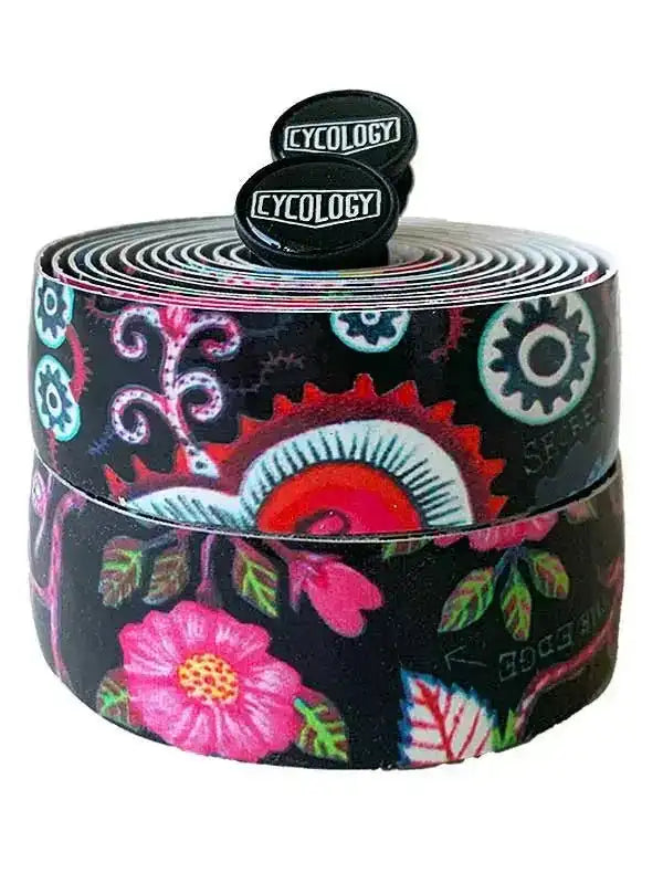 Colorful floral and gear-patterned cycling handlebar tape with branded end plugs
