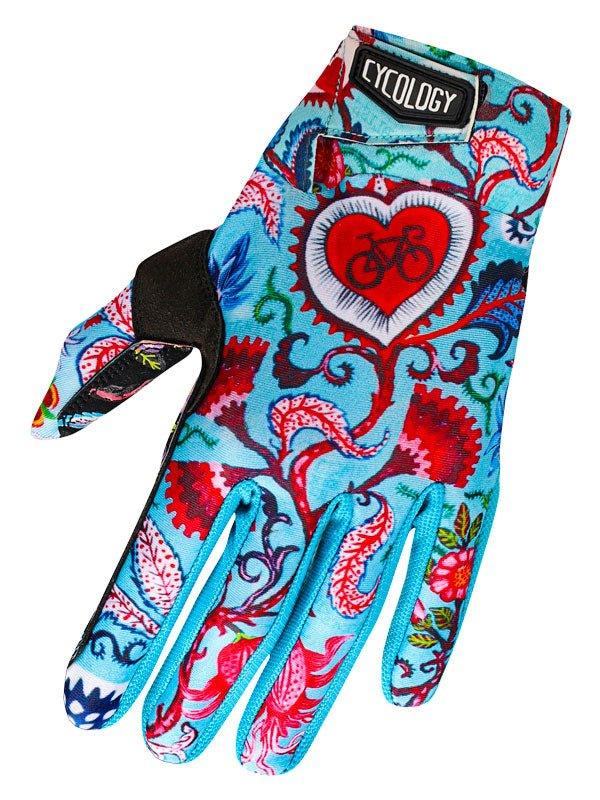 Colorful cycling glove with heart and bike design, vibrant floral patterns, ideal for men and women riders