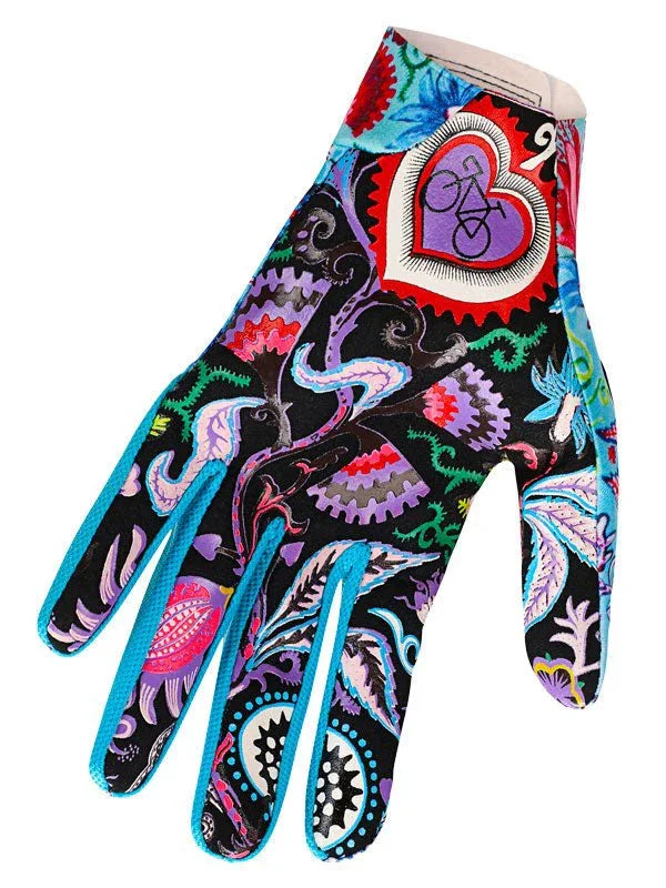 Colorful cycling glove with heart and bike design, vibrant patterns, ideal for men's and women's bike rides