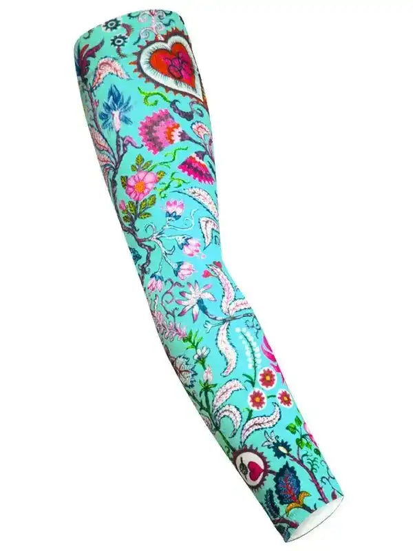 Colorful floral cycling arm sleeve with heart design, perfect for bike rides and sun protection.
