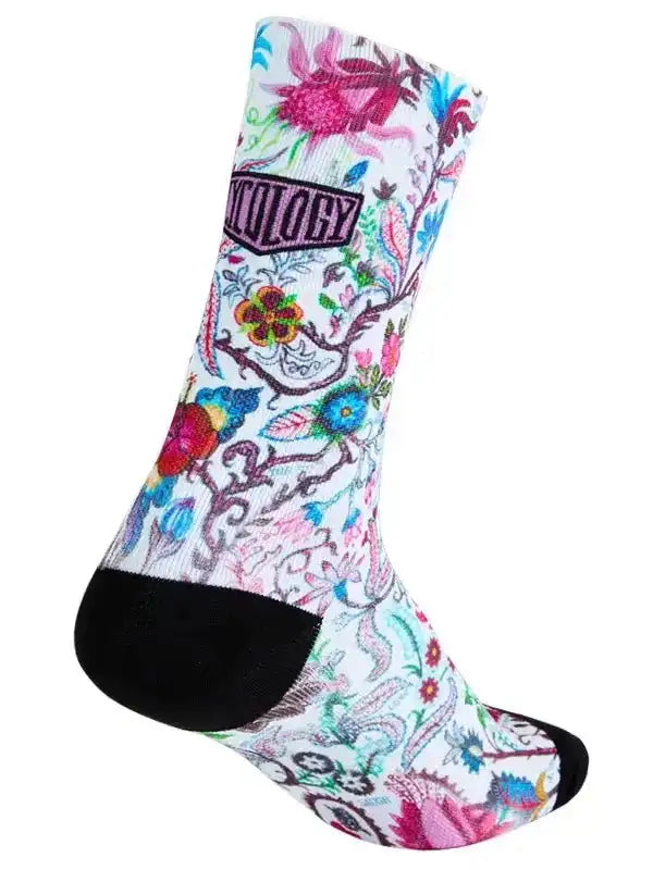 Colorful floral cycling sock with black toe and heel, featuring vibrant patterns for men's and women's bike rides