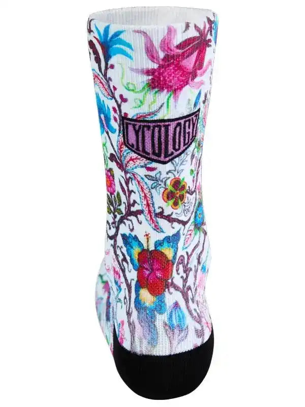 Colorful floral cycling sock with vibrant patterns and black toe, ideal for bike rides and athletic wear.