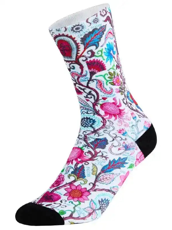 Colorful floral cycling sock with black toe and heel, vibrant paisley design for bike rides