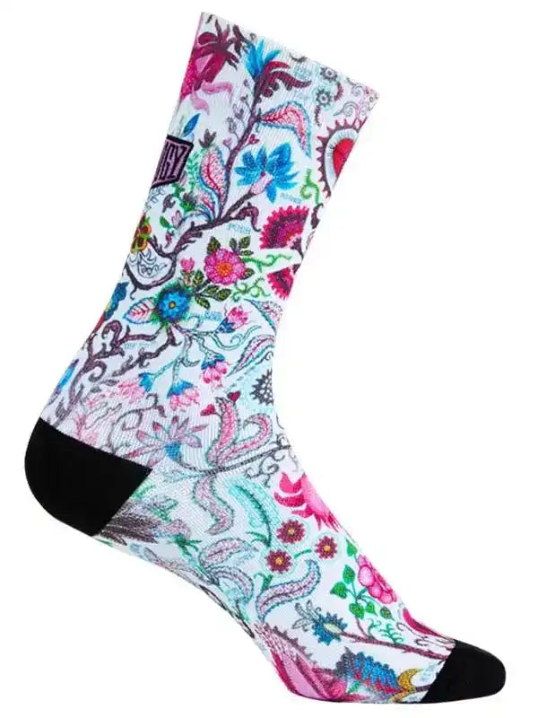 Colorful floral cycling sock with black toe and heel, vibrant paisley design for bike rides