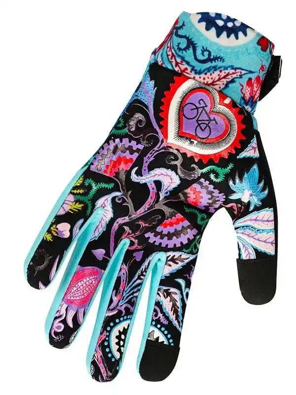 Colorful cycling glove with floral and gear pattern, touchscreen tips, ideal for women's bike rides