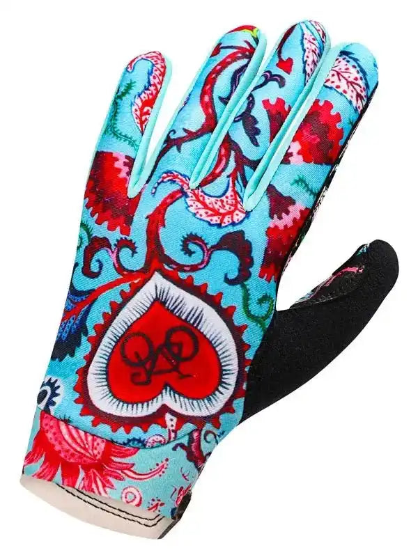 Colorful cycling glove with red heart and gear pattern, breathable fabric, black palm grip
