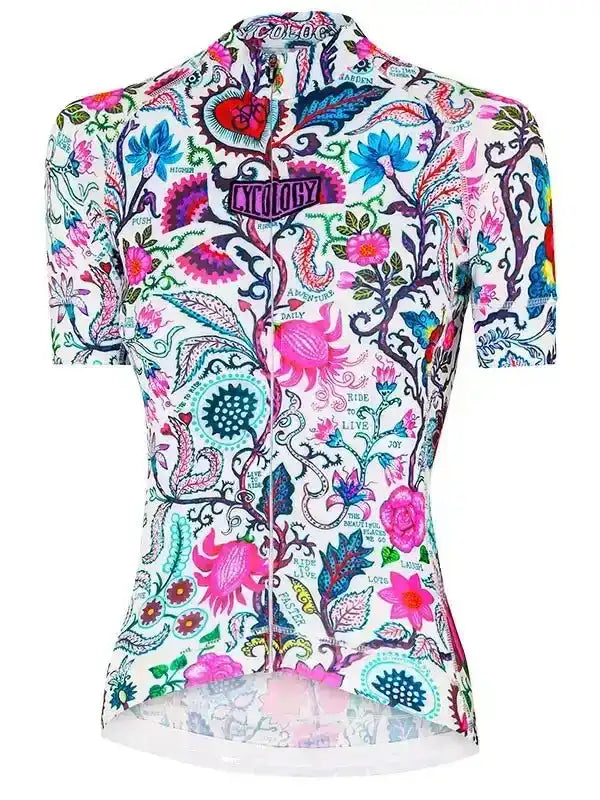 Women's floral cycling jersey with vibrant paisley print, short sleeves, and zip front for bike rides