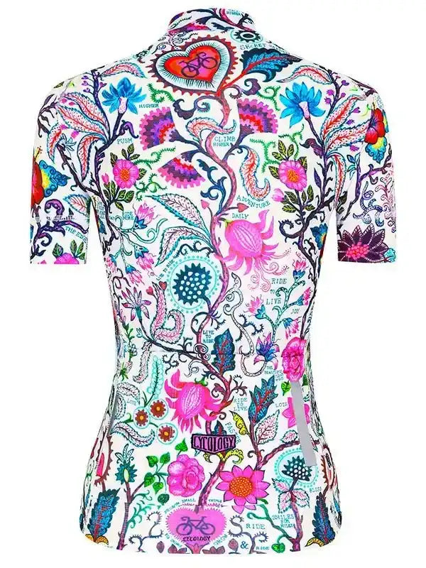 Women's cycling jersey with vibrant floral and bike-themed print, featuring 'Ride to Live' and 'Cycology' logos