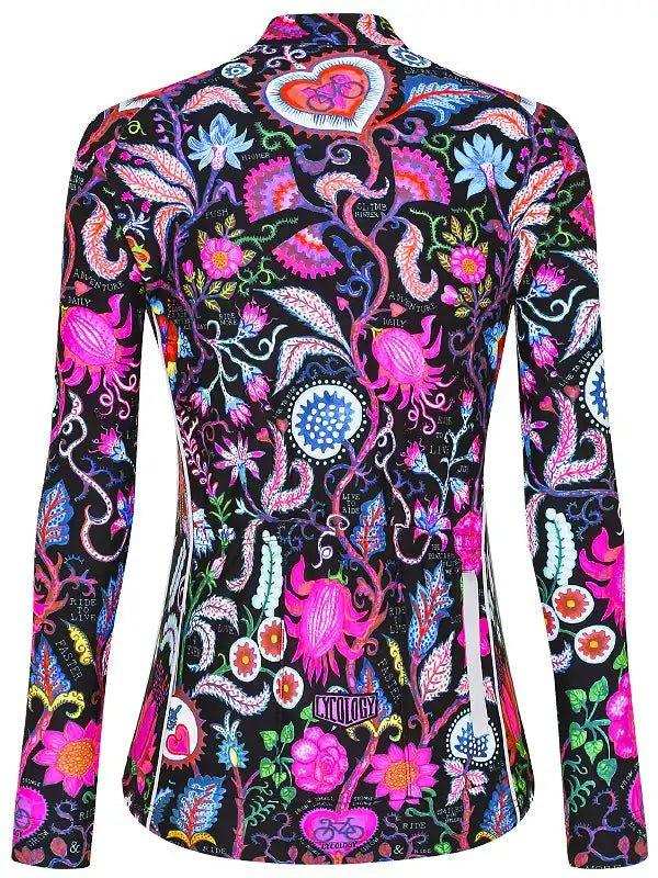 Women's long sleeve cycling jersey with vibrant floral and heart pattern on black background