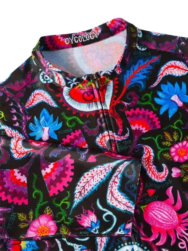 Vibrant floral and gear print cycling jersey with full zipper, ideal for men's and women's bike rides