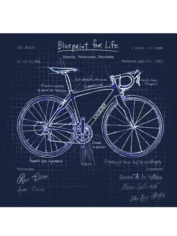 Blueprint-style cycling bike design with 'Blueprint for Life' text, showcasing frame, wheels, and technical details