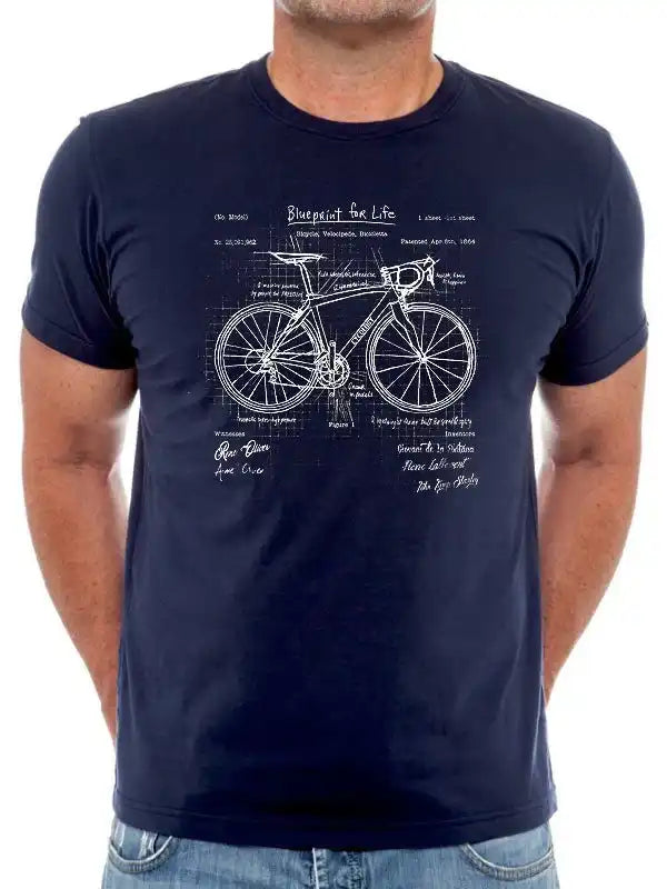 Men's navy cycling t-shirt with vintage bicycle blueprint graphic design