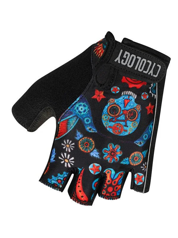 Cycology fingerless cycling gloves with colorful skull and floral print design, ideal for men and women riders.