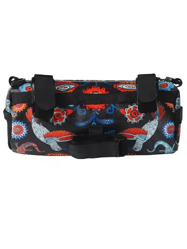 Colorful patterned bike frame bag with black straps for cycling gear storage