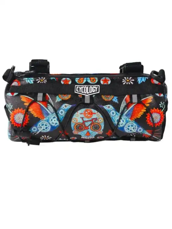 Colorful cycling frame bag with floral and bike gear pattern, black straps, Cycology logo