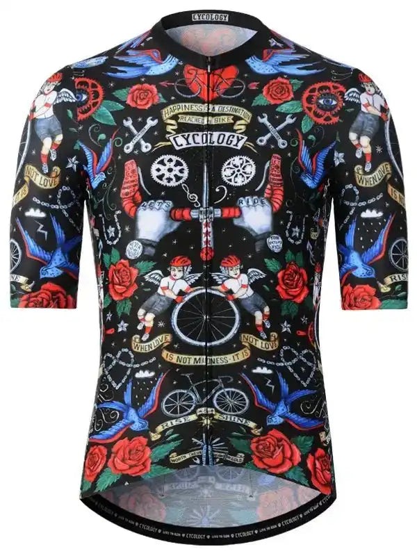 Men's cycling jersey with tattoo-style roses, birds, and bike graphics on black background