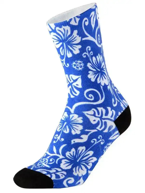 Blue cycling sock with white hibiscus floral pattern, black toe and heel, breathable fabric design