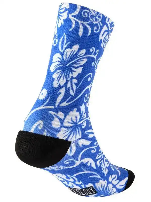 Blue cycling sock with white floral pattern, black toe and heel, ideal for bike rides