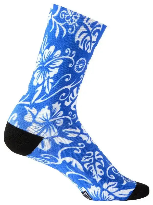 Blue cycling sock with white floral pattern, black toe and heel, designed for comfort and style.